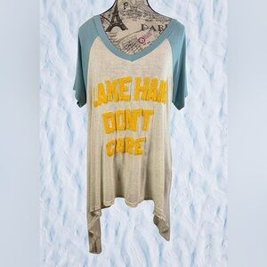 Judith March “Lake Hair Don’t Care” V-Neck Asymmetrical Tee Blue & Yellow Size L